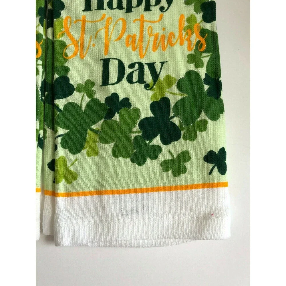 Happy St Patrick's Day Kitchen Dish Towels Set of 2 Shamrocks Irish Luck Lucky